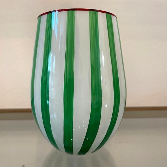 Cabana Green Striped Stemless Wine Glasses 17oz Set of 2 Holiday BarwareNEW - Picture 10 of 12